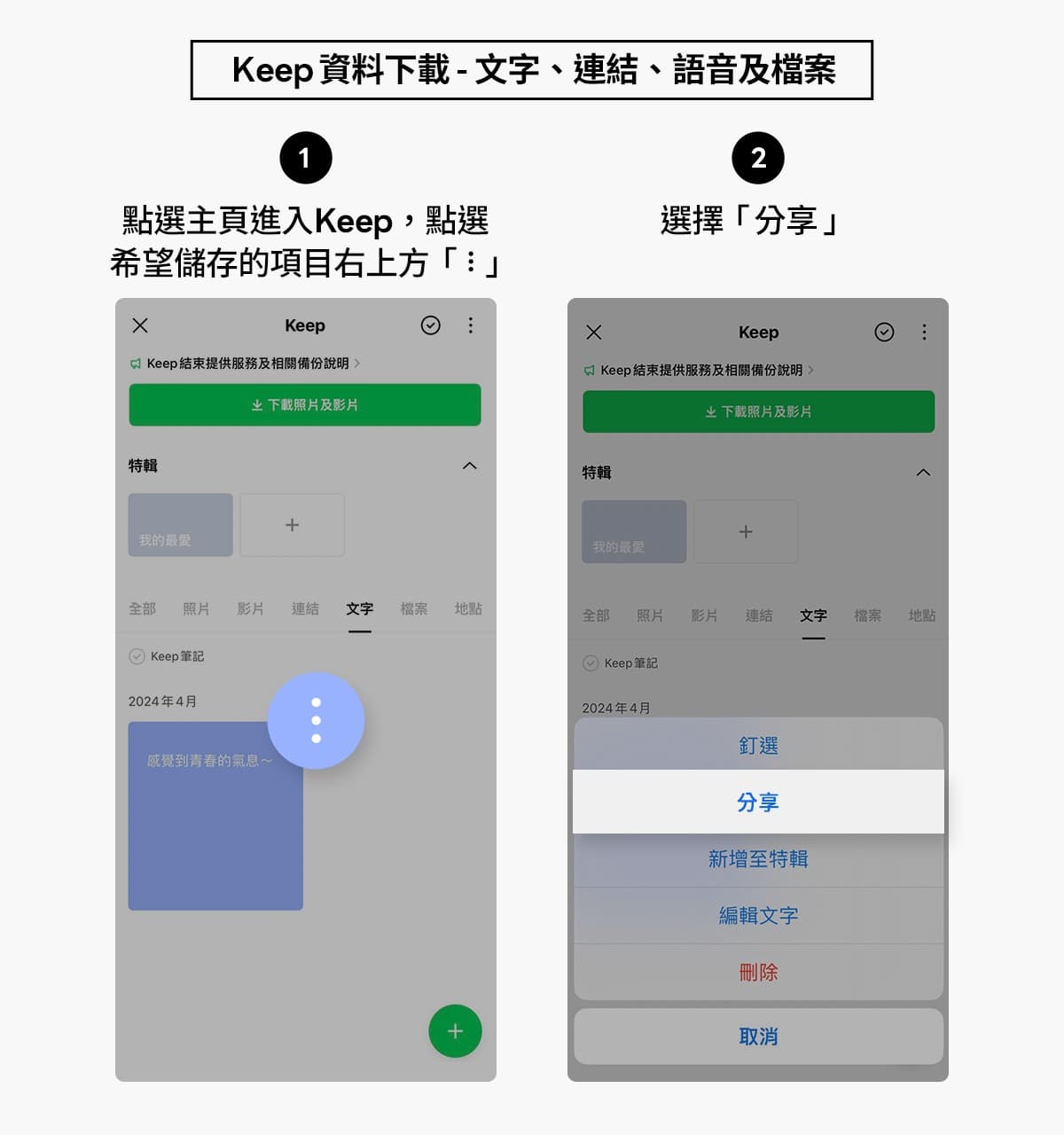 LINE Keep功能8月28日就要終止服務，LINE官方部落格提供簡單的備份教學步驟。（翻攝自LINE官方部落格）