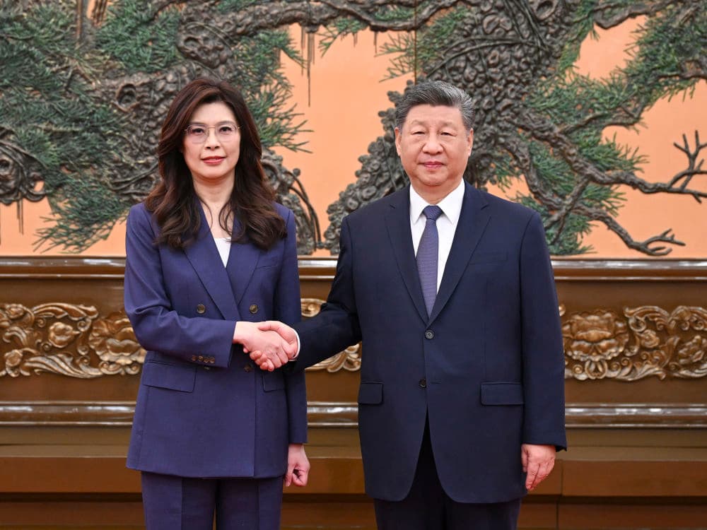  4月鄭習會上，習近平會見鄭麗文，雙方握手15秒。（翻攝新華社）