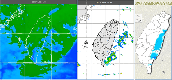 今晨4時40分紅外線色調強化雲圖顯示，台灣上空雲層很多（左圖）。4時40分雷達回波合成圖顯示，降水回波大多在東半部海上（中圖）。4時30分累積雨量顯示，花、東有局部降雨（右圖）。（翻攝自氣象應用推廣基金會）
