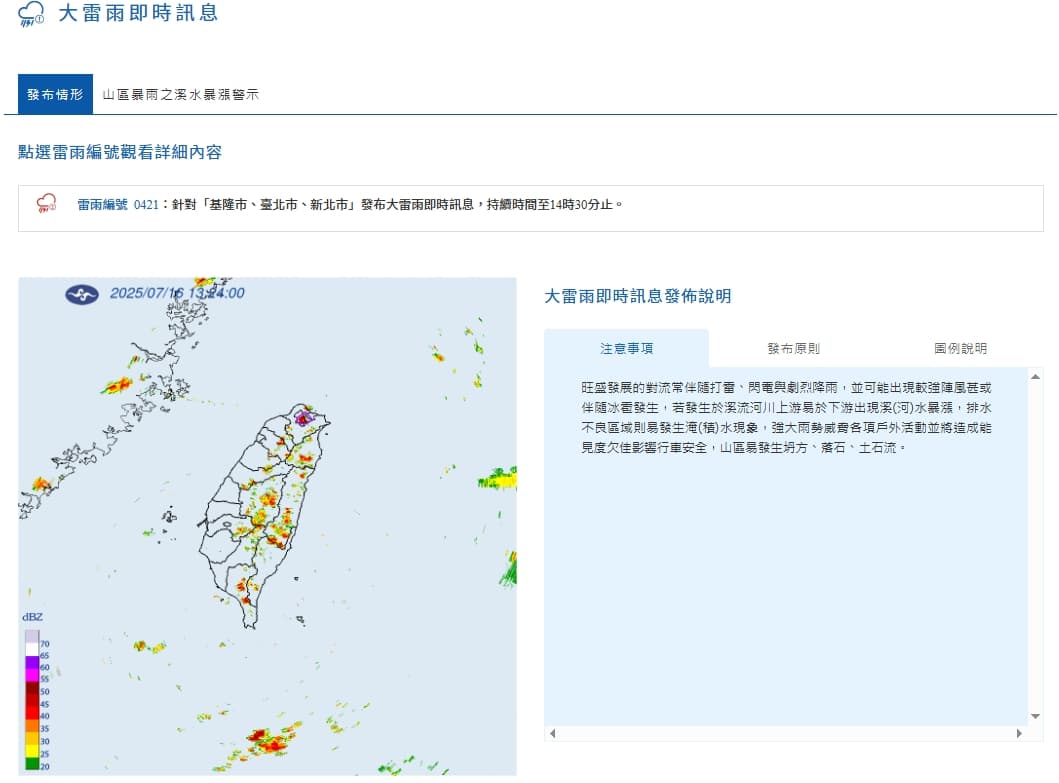 中央氣象署發布大雷雨即時訊息。（翻攝自中央氣象署官網）