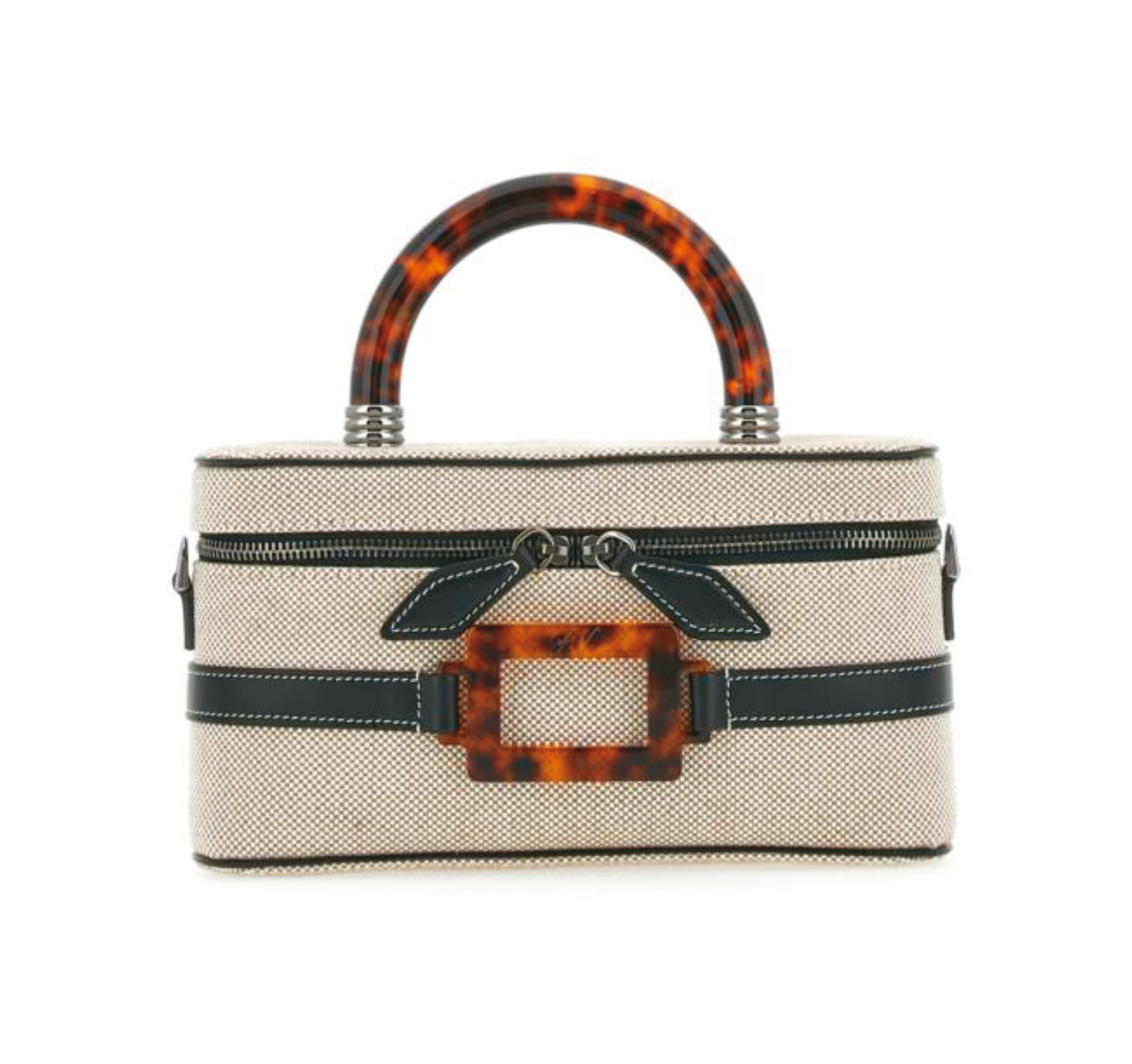 Belle Vivier自然色亞麻皮革拼接玳瑁釦化妝包。NT$75,600（迪生提供）