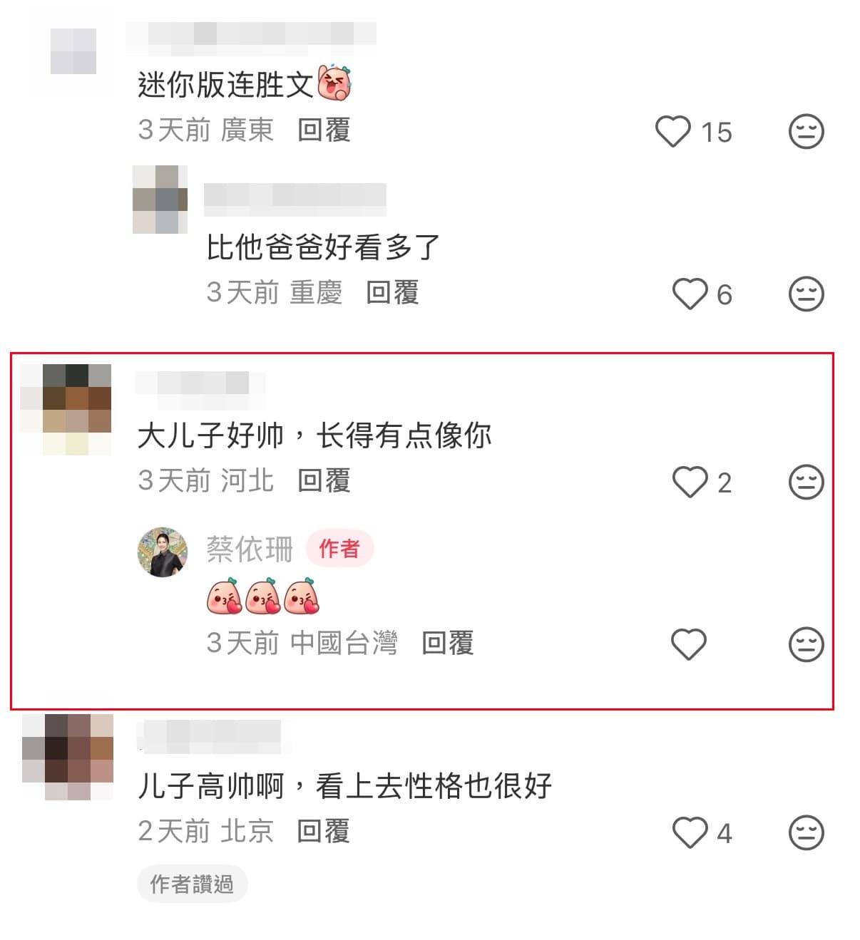 有網友誇連定捷長得有點像媽媽，蔡依珊開心回覆。（翻攝小紅書）