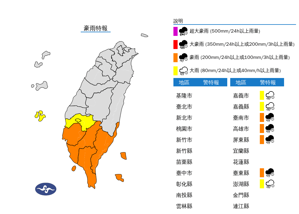 氣象署晚間持續對7縣市發布大雨、豪雨特報。（氣象署提供）
