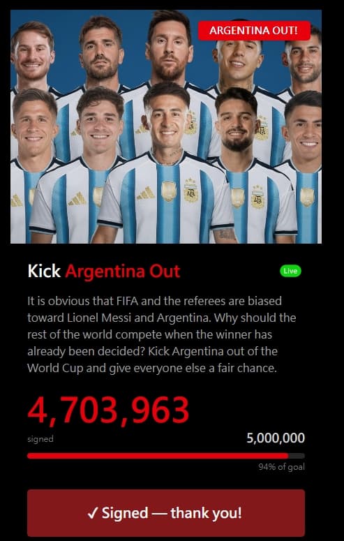  網路發起要求將阿根廷逐出世界盃的全球連署。（翻攝自argentinaout網站）