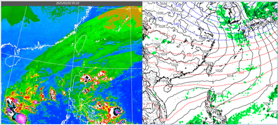 左圖為今日5：10紅外線色調強化雲圖顯示，中層雲遮蔽台灣上空。右圖為7日20時地面氣壓及降水模擬圖顯示，大陸高壓籠罩，降水區離台灣都很遠。（翻攝自氣象應用推廣基金會專欄）