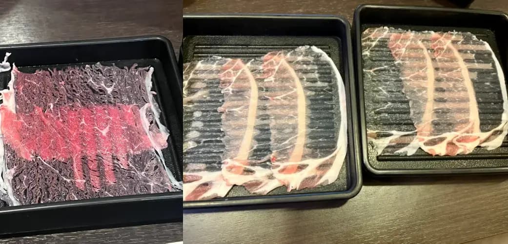 日本知名吃到飽火鍋「涮乃葉」近日爆發肉片過薄爭議，網友上傳的照片顯示肉片薄到可透視餐盤底部。（翻攝自X）