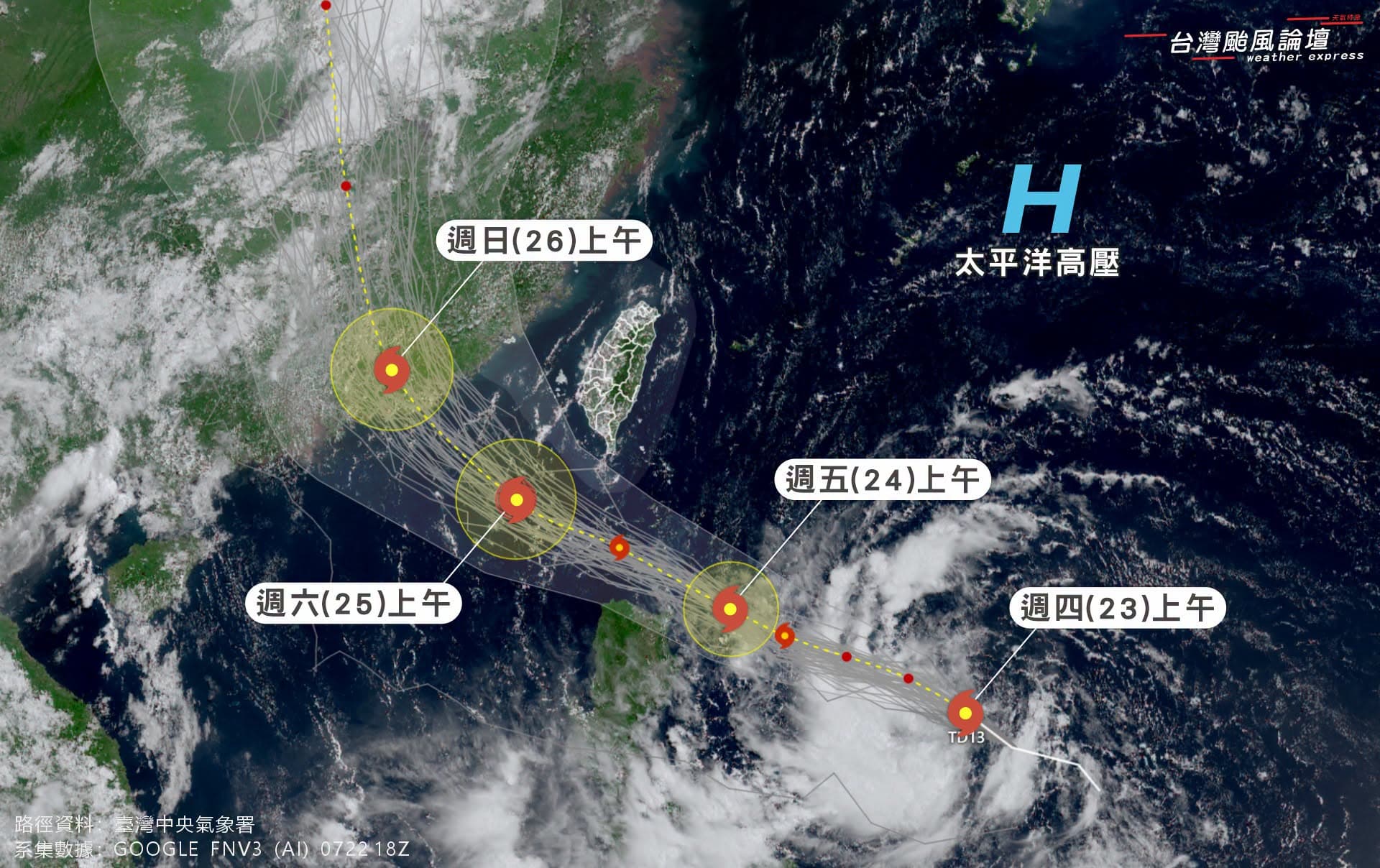 熱帶性低氣壓TD13最快於明天凌晨有機會增強為颱風「紅霞」。（翻攝自臉書粉專／台灣颱風論壇｜天氣特急）
