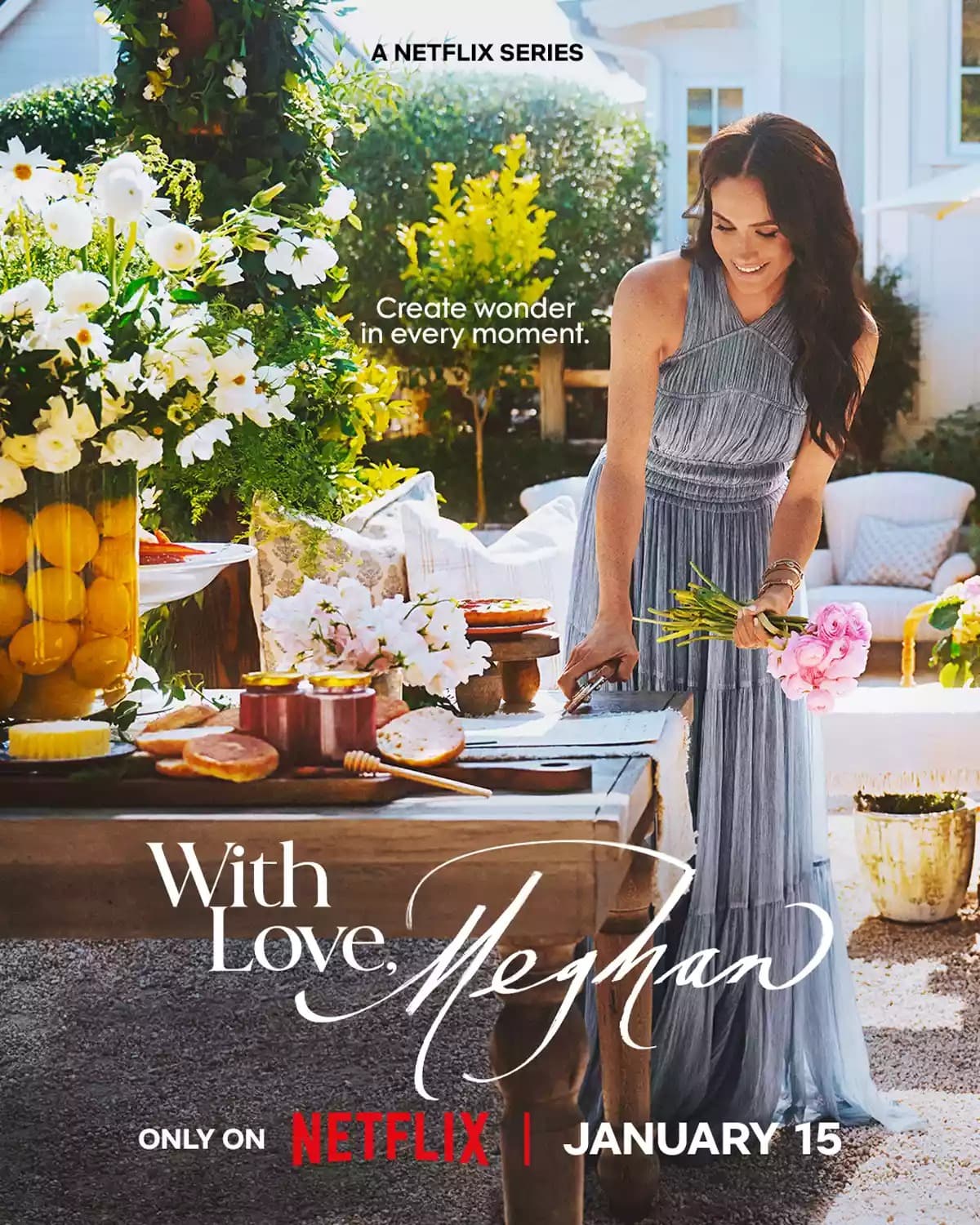 梅根的新節目《With Love, Meghan》原訂於本月15日開播，如今延期至3月4日播出。（翻攝Netflix）