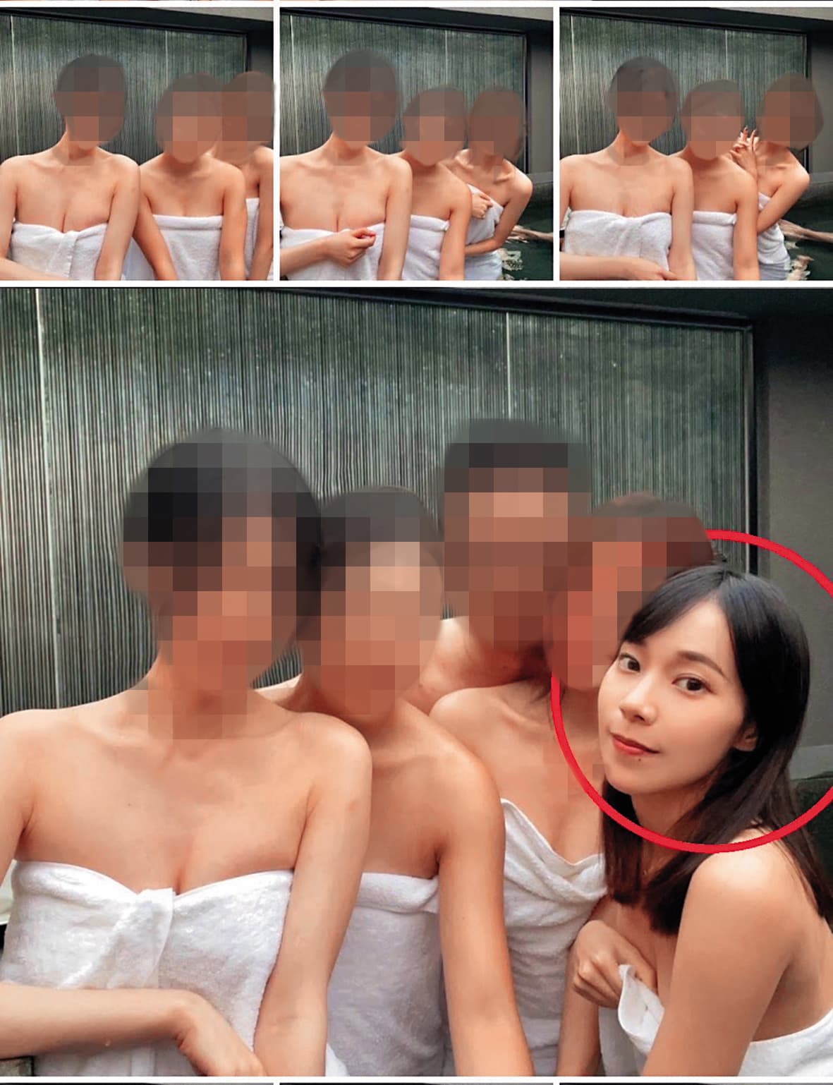 奈奈子（紅圈處）揪網美姐妹一起服侍富商，4女配1男泡裸湯的畫面曝光，引起轟動。（讀者提供）