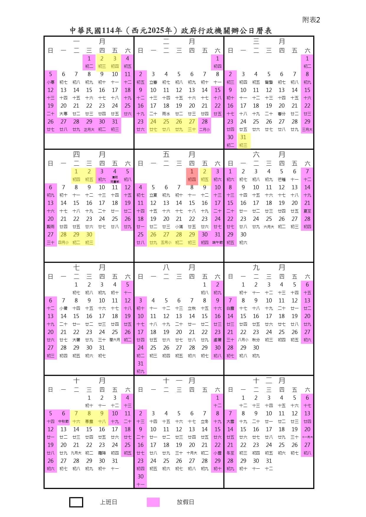 2025年請假攻略曝光，黃色為建議安排休的日子，紅色則為5月1日勞動節。（翻攝自行政院人事總處，本刊再編輯）