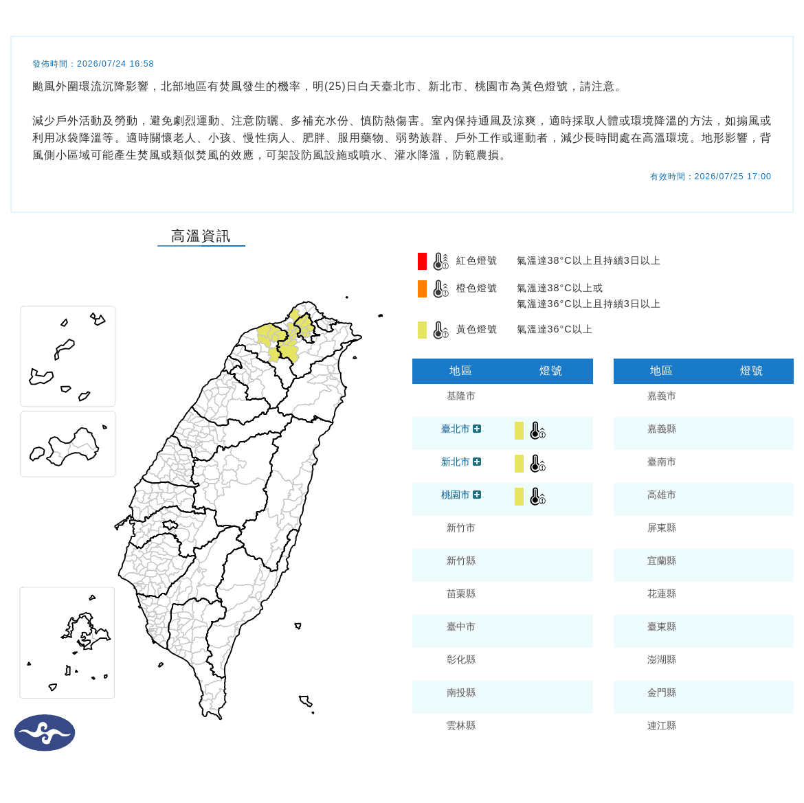 氣象署針對台北市、新北市及桃園市發布高溫資訊黃色燈號，提醒民眾減少非必要戶外活動及劇烈運動。（中央氣象署提供）