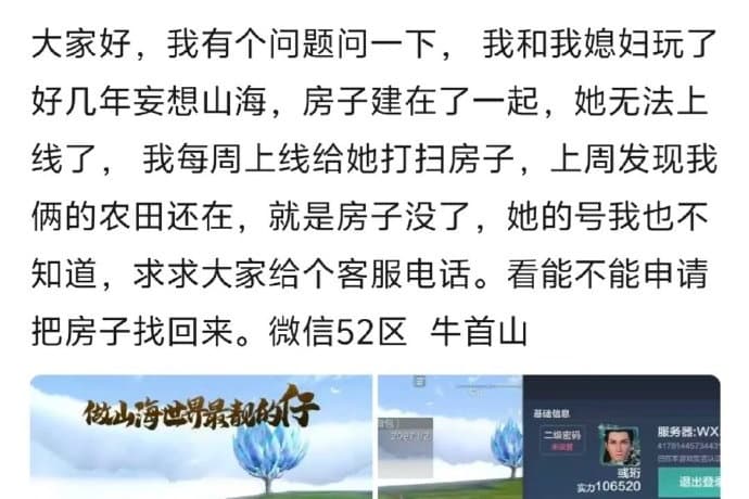 中國單親爸在遊戲裡找不到亡妻蓋的房子，發文求助感動無數網友。（翻攝自微博）