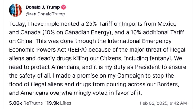 川普宣布對墨西哥、加拿大、中國加徵關稅。（翻攝自Truth @realDonaldTrump）