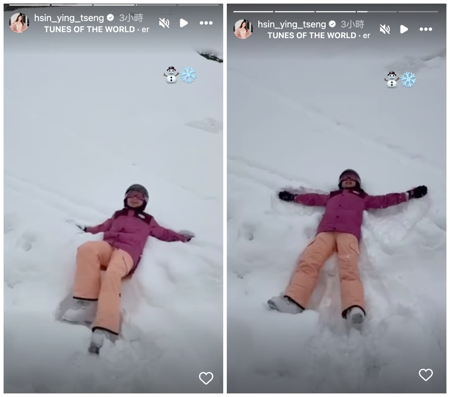 穿粉紅色滑雪裝的小女孩，在雪地裡玩「雪天使」，猜測是曾馨瑩的女兒。（翻攝曾馨瑩IG）