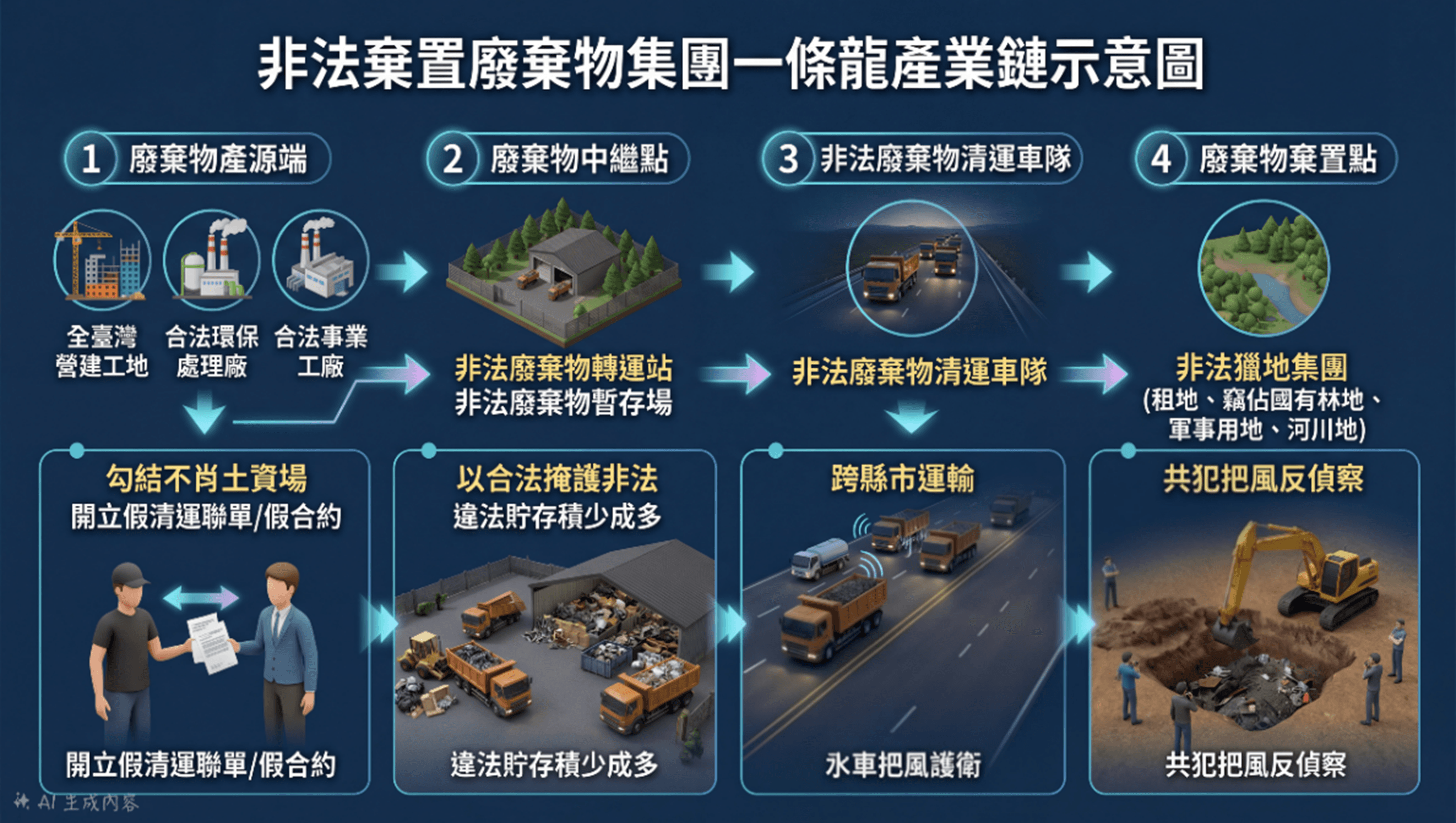非法棄置廢棄物集團一條龍產業鏈。（台中地檢署提供）