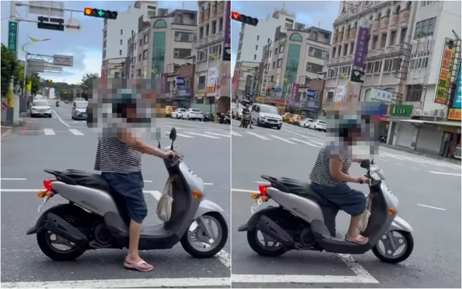 一名婦人騎車經過傅崐萁的罷免志工時，怒比倒讚嗆聲，結果沒有注意路況而撞車倒地。（翻攝自花蓮新世代青年聯盟 曙光計劃臉書）