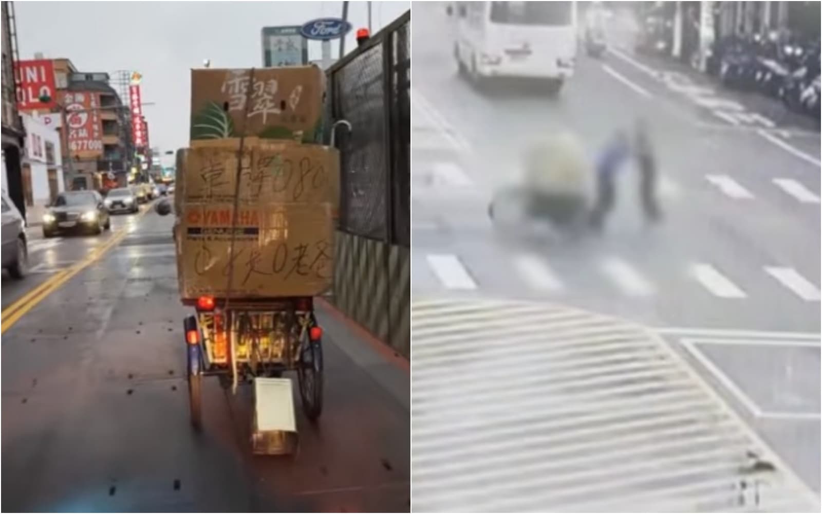 桃園八德「擋車哥」（左）時常騎三輪車和其他車輛發生衝突，27日下午有一名轎車駕駛忍不住下車與他互毆。（翻攝畫面）