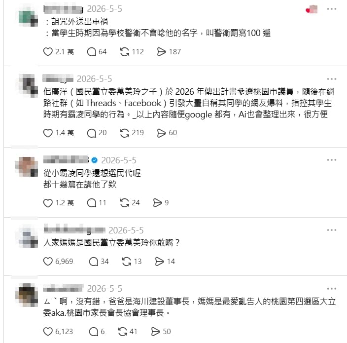 佀廣洋在社群屢屢被爆出過去霸凌同學。（翻攝自Threads）