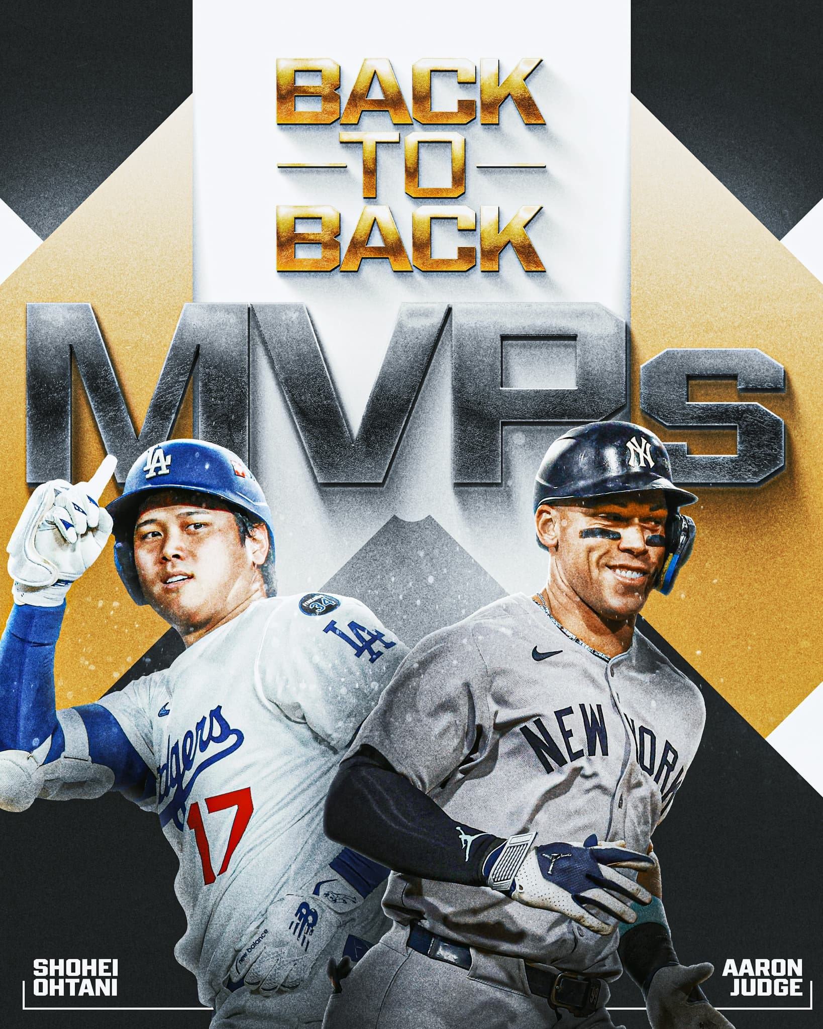 大谷和賈吉今年「背靠背」在2聯盟皆達成MVP二連霸，刷新大聯盟紀錄。（翻攝自MLB臉書）