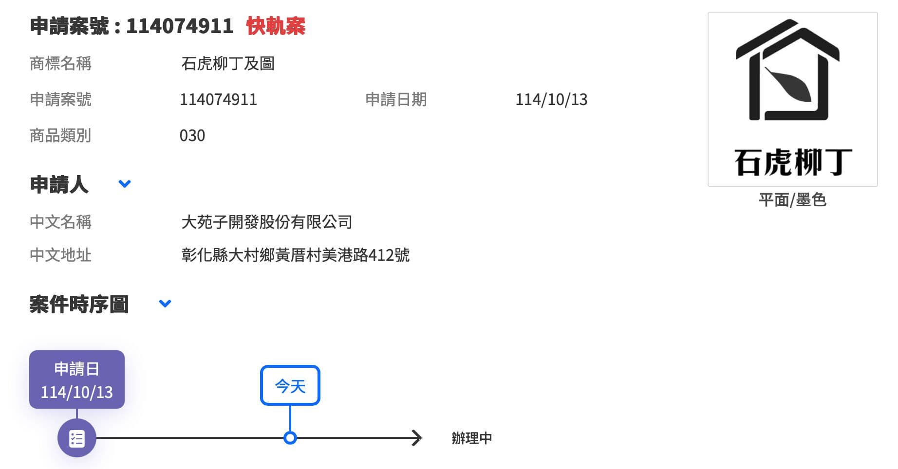 大苑子被發現搶先註冊石虎柳丁商標，但業者解釋是慣例。（翻攝自商標檢索系統）