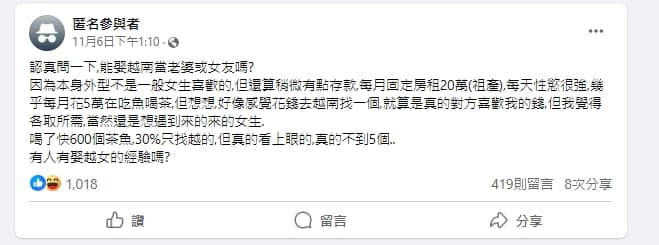 一名網友在社團內PO文詢問意見。（翻攝自匿名2公社）