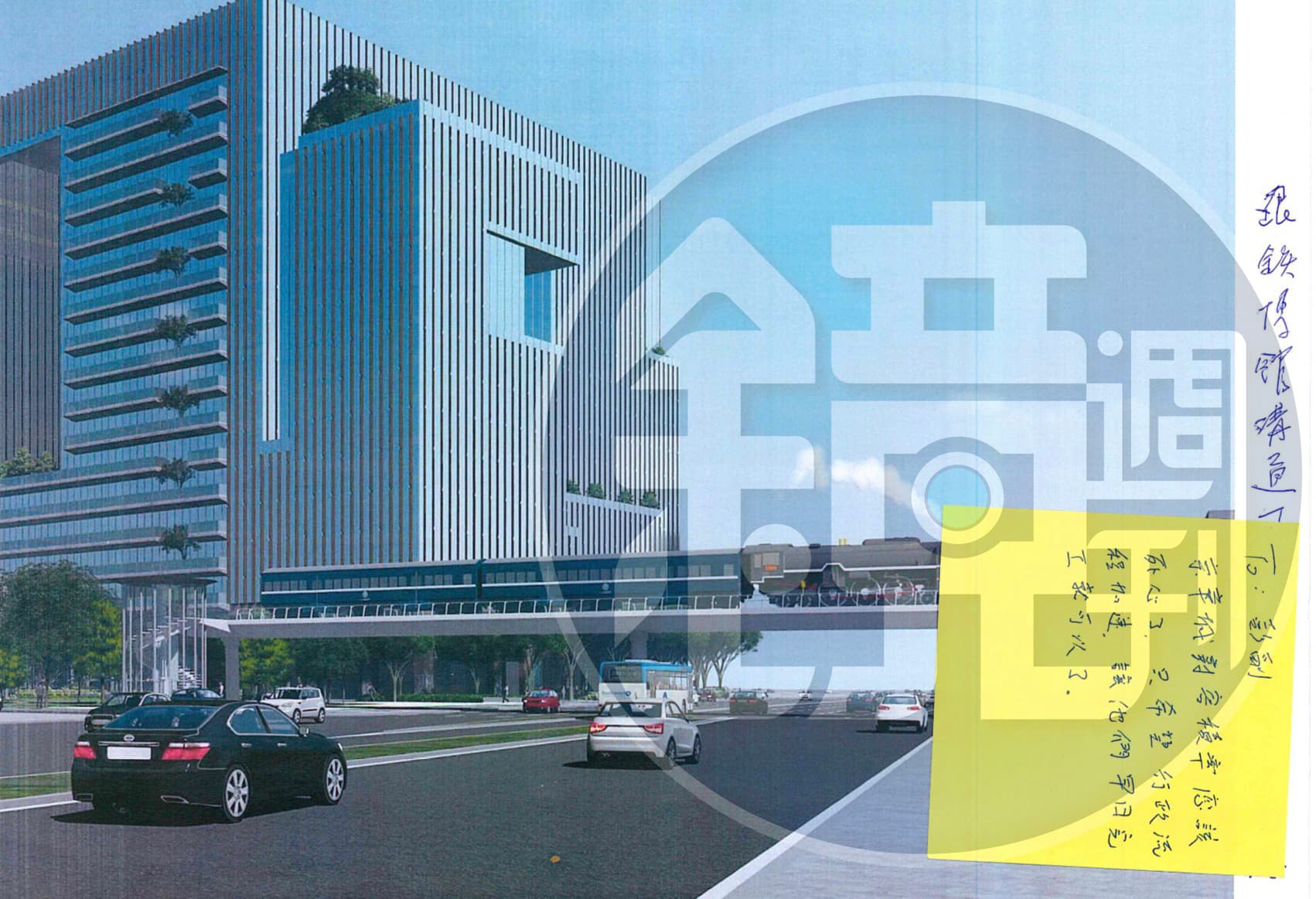 柯文哲在便利貼親筆寫「行政流程加速」等指示，貼在沈慶京提供，有沈親筆批示「跟鐵博館溝通」「全台最大二F1450 1500/M2無樑柱之大禮堂」等字樣的的7張京華城完工示意圖上，下令彭振聲配合辦理。