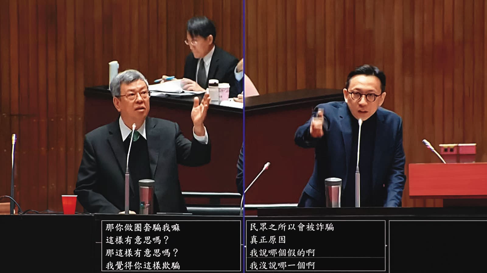 形象溫和的陳建仁（左）日前總質詢時態度大變，頻頻向藍委葛如鈞（右）等人嗆聲。（翻攝國會頻道）