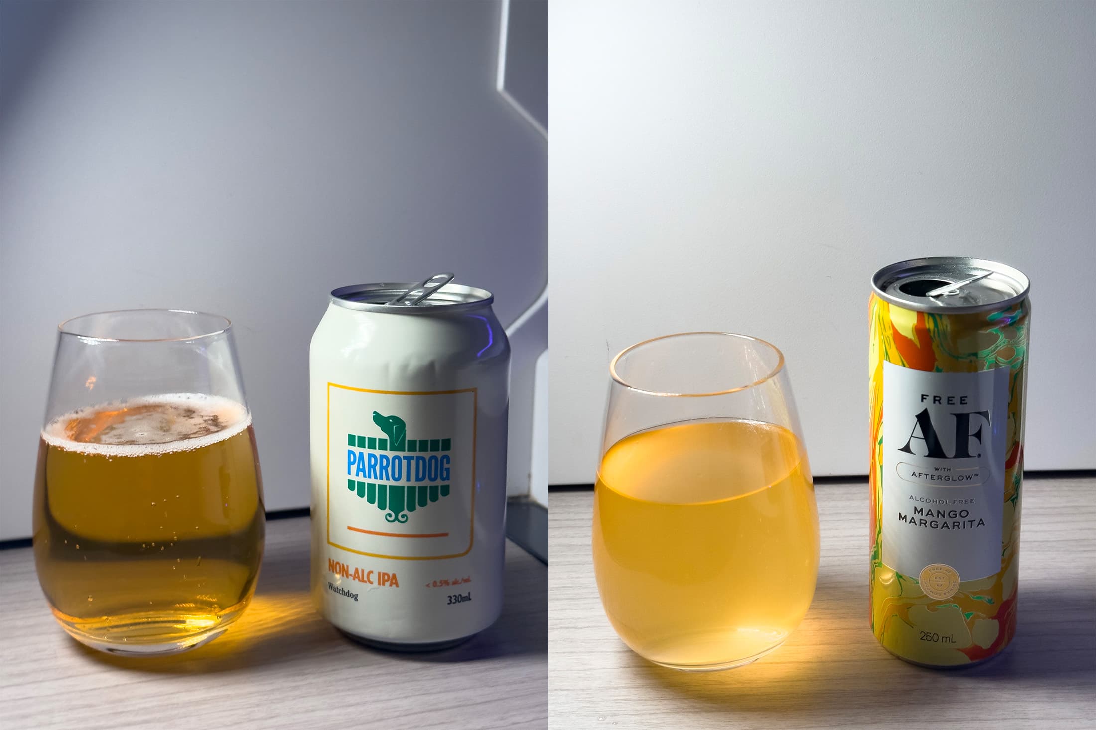 除了酒精飲品，機上也提供Parrotdog Watchdog Non-AIc IPA（左）、Free AF芒果瑪格麗塔（右）等無酒精選擇。