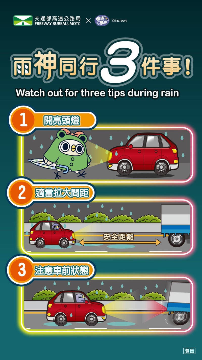 交通部高公局說明雨中行車交安宣。（高公局提供）