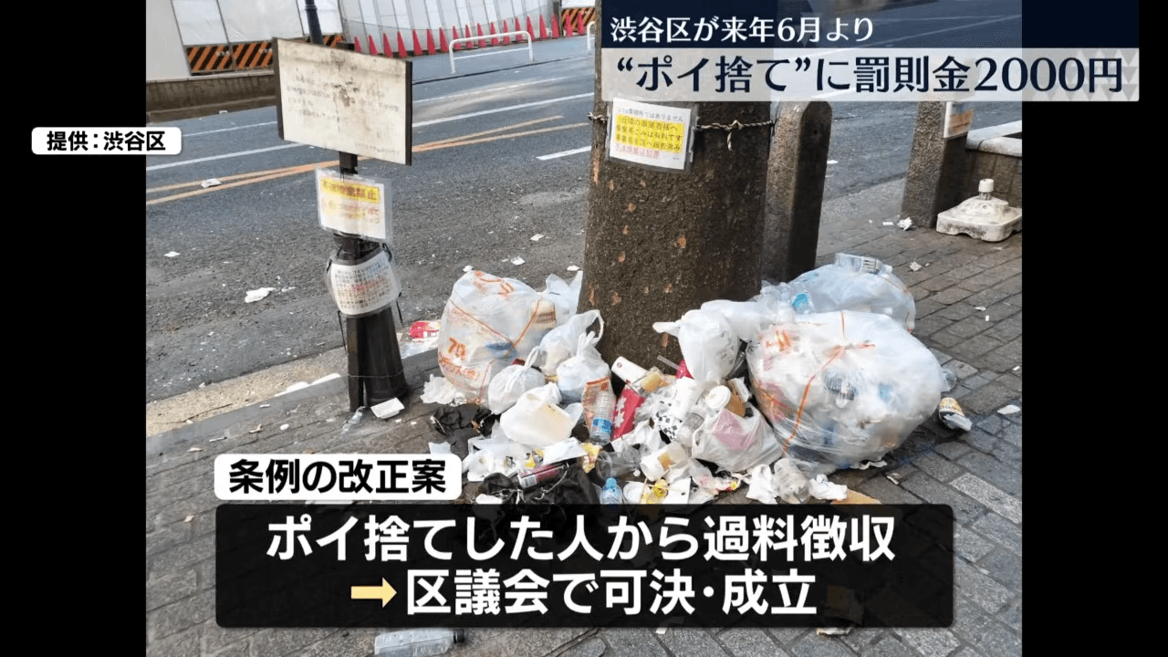 澀谷近年來亂丟垃圾的問題增加，當地政府為此祭出因應措施。（翻攝自YouTube  日テレNEWS）