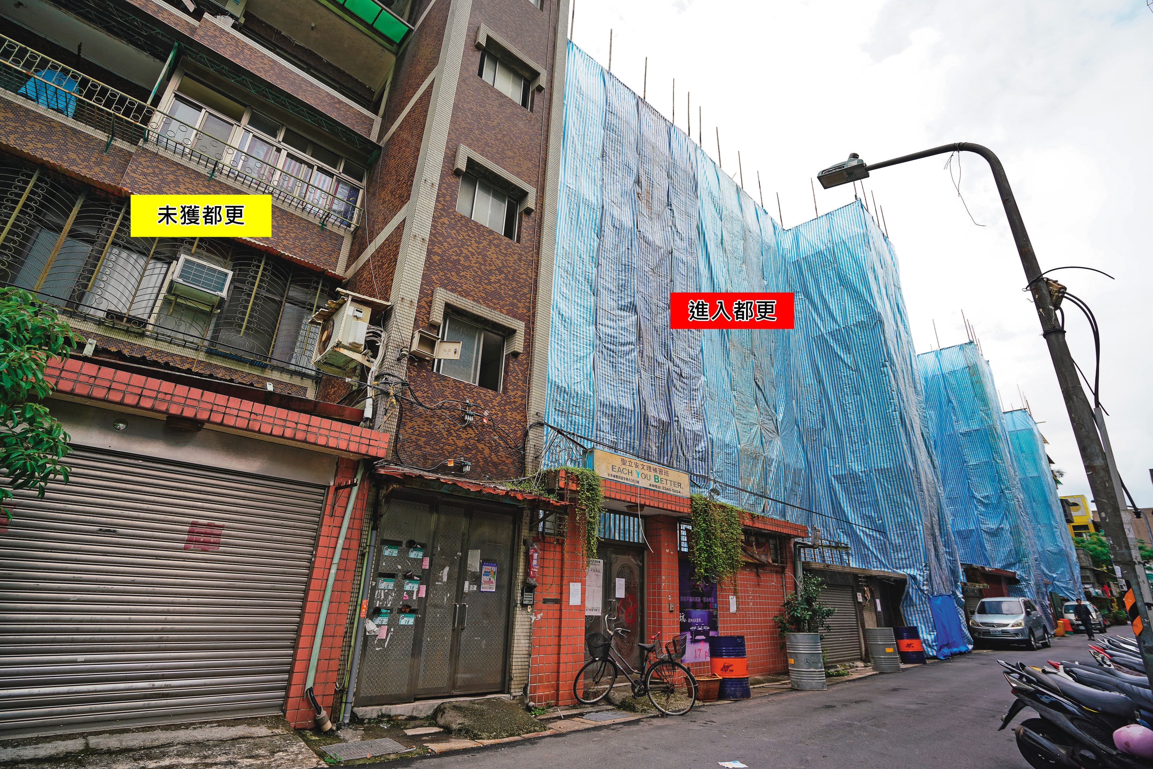 本刊調查，北市信義區黃金地段一連棟公寓有一半被劃定在都更之外，要從公寓梯間（虛線部分）一分為二，引發地主狀告北市府。