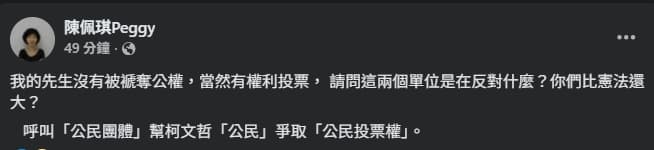 陳佩琪呼籲民團替柯文哲爭取投票權。（翻攝自臉書@陳佩琪）