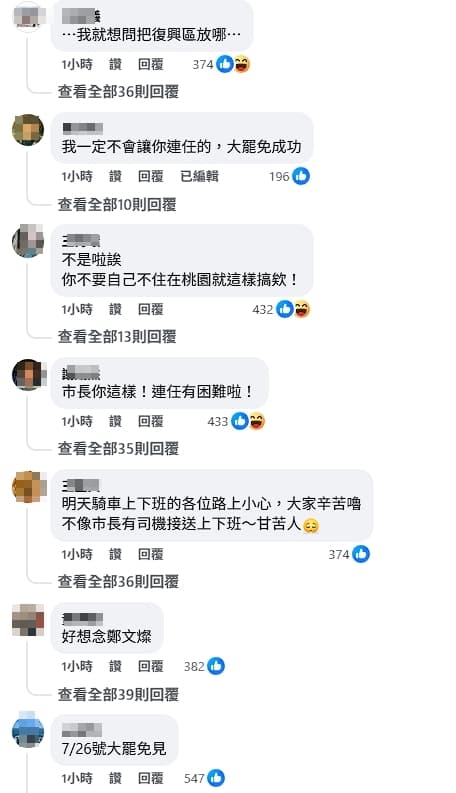 張善政的臉書湧入許多不滿的市民留言抱怨分區放假的決策。（翻攝自張善政臉書）