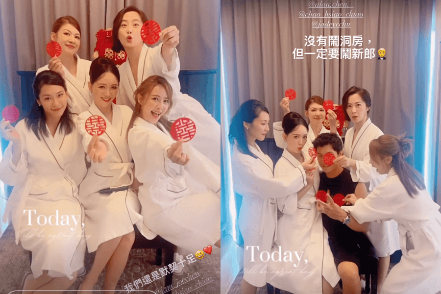伴娘們穿著浴袍合影，陳喬恩還直接坐在老公Alan身上。（翻攝自@imdoris_1230 IG）