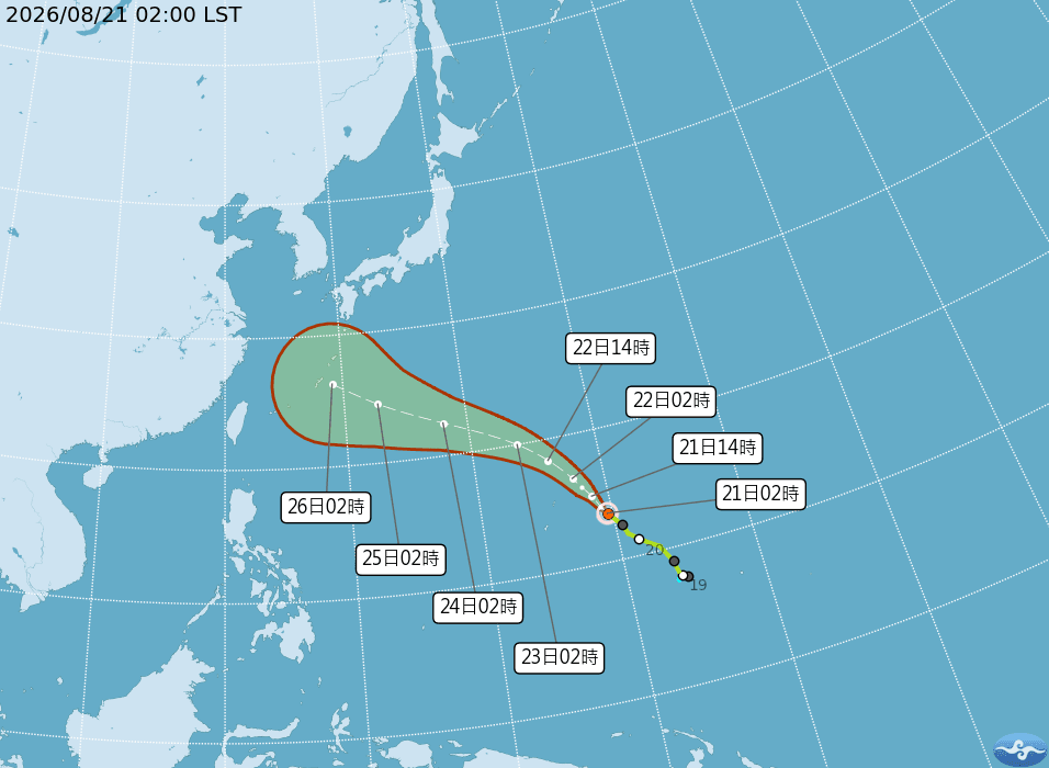 颱風沙德爾強度將持續增強，不排除達強颱等級，預測路徑有向西調整趨勢。（中央氣象署提供）