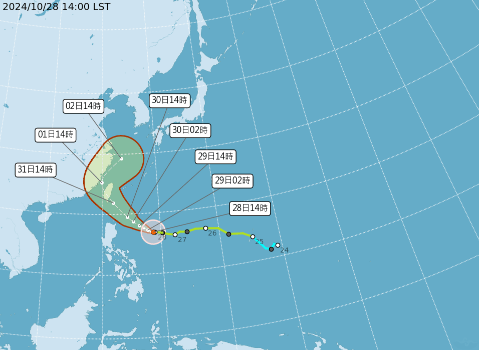 根據中央氣象署目前預測路徑，康芮很可能會在11月1日左右登陸台灣。（中央氣象署提供）