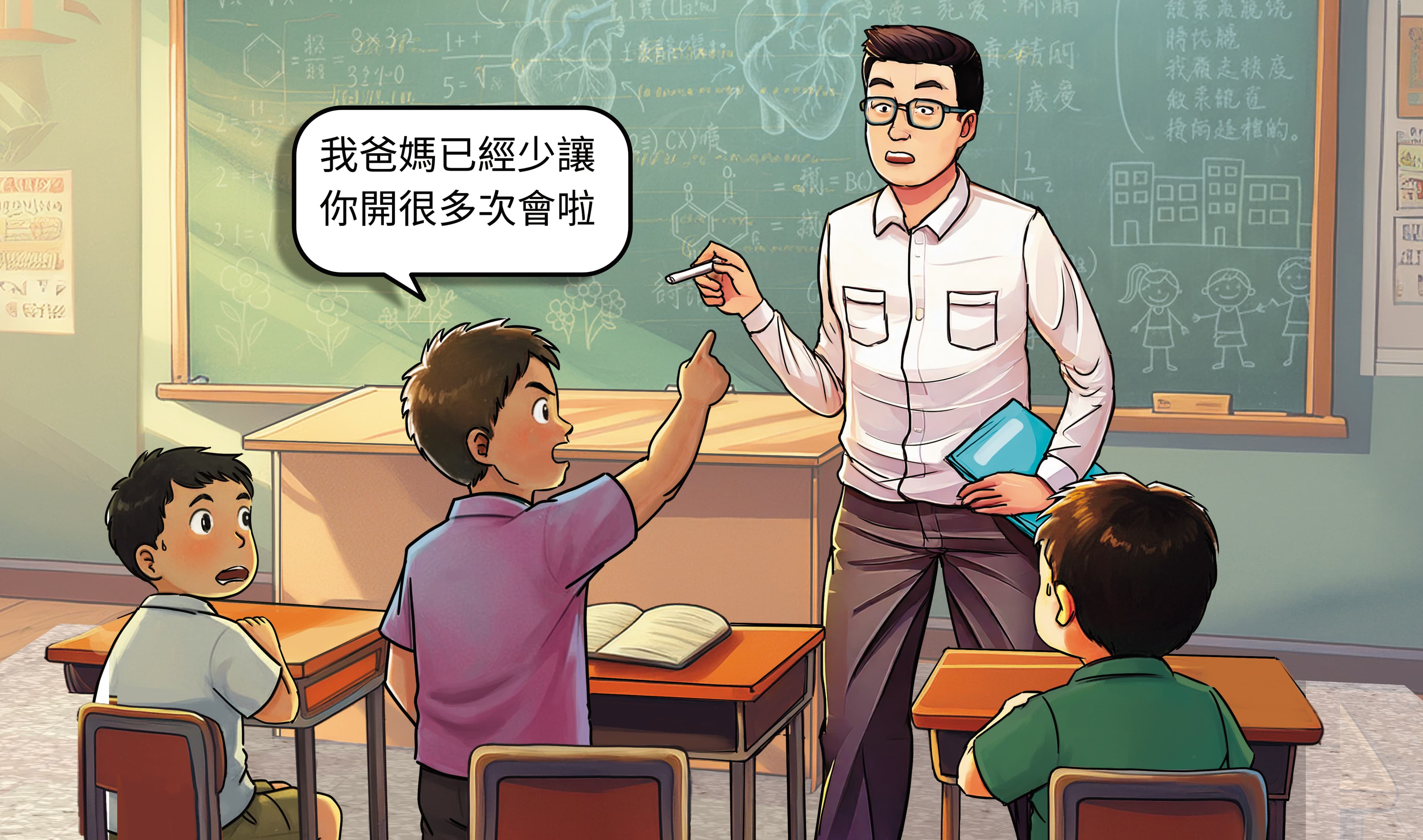H老師上課時屢被有行為偏差問題的學生Z謾罵、嘲笑，其他同學看了也替老師抱屈。（AI繪圖Adobe Firefly生成，本刊美術組後製）