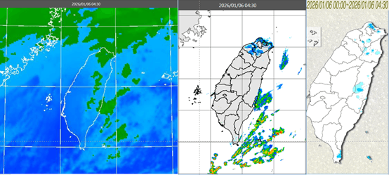 今晨4：30紅外線雲圖顯示，迎風面雲層雖多，但結構鬆散（左圖）。4：30降水回波合成圖顯示，北部陸地及東半部海上有降水回波（中圖）。4：30累積雨量圖顯示，北部及東半部零星降雨（右圖）。（翻攝自氣象應用推廣基金會）