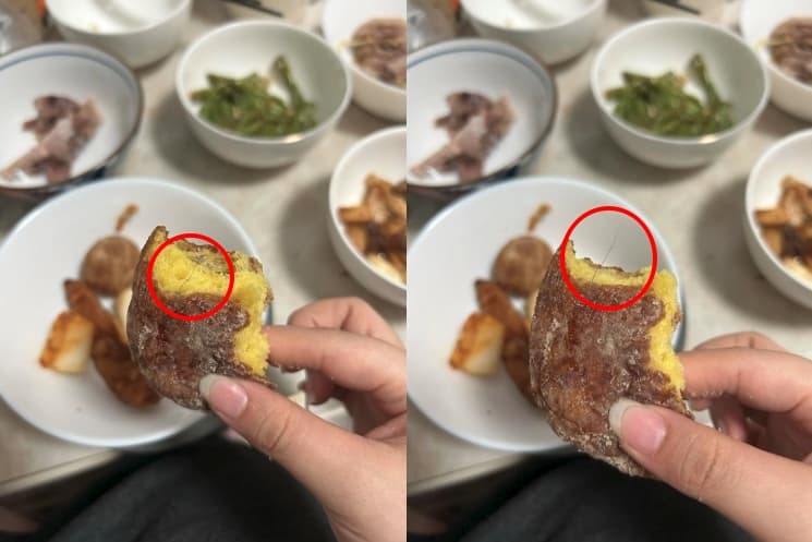 一名網友在Threads指出，咬下去I’m donut?甜甜圈竟發現有一根卡在裡面的毛髮。（翻攝自Threads@huelshd）
