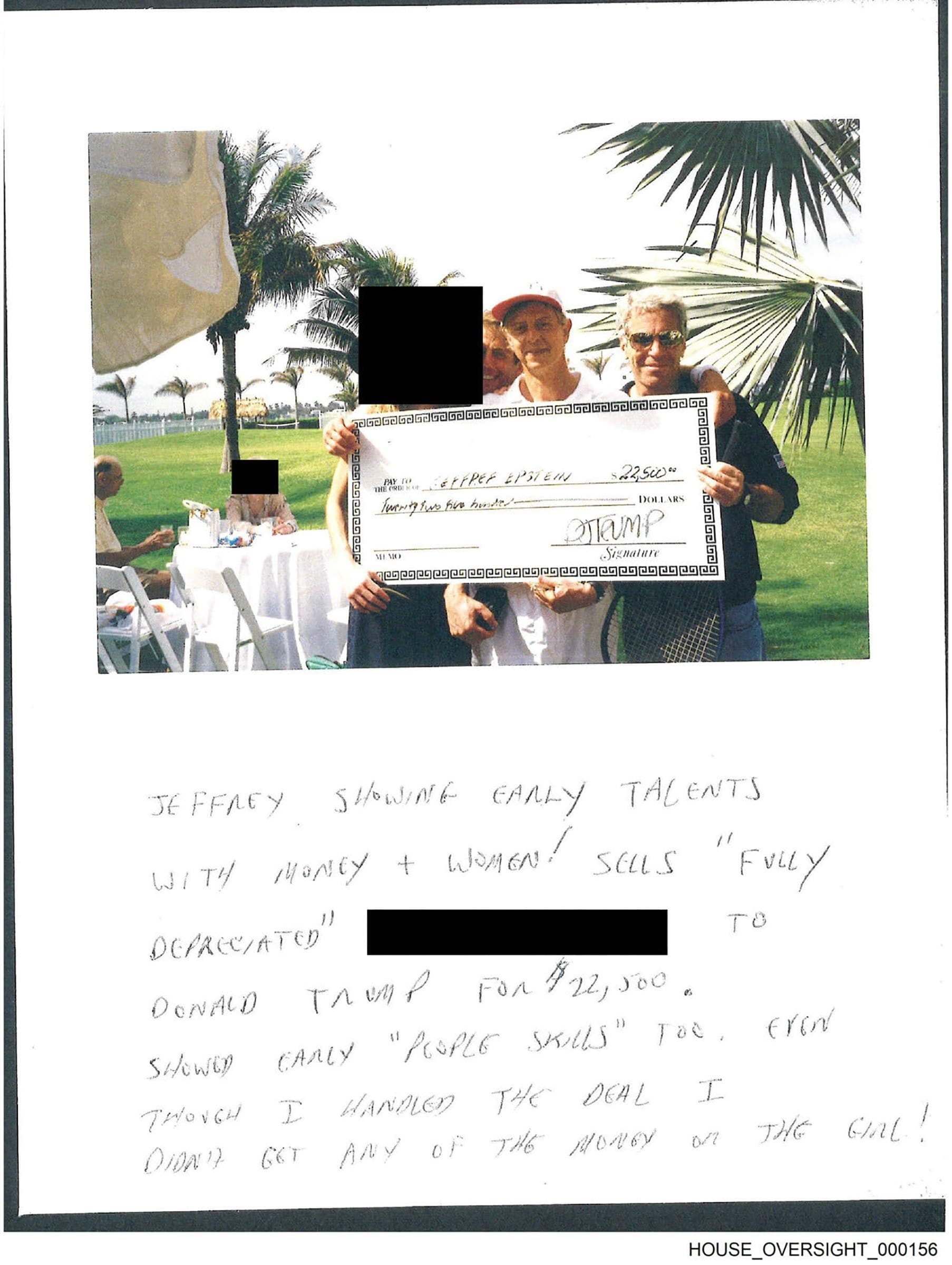 艾普斯坦的生日冊頁面，出現一張惡搞支票照片，上面仿造了川普的簽名。 （翻攝House Committee on Oversight and Government Reform）