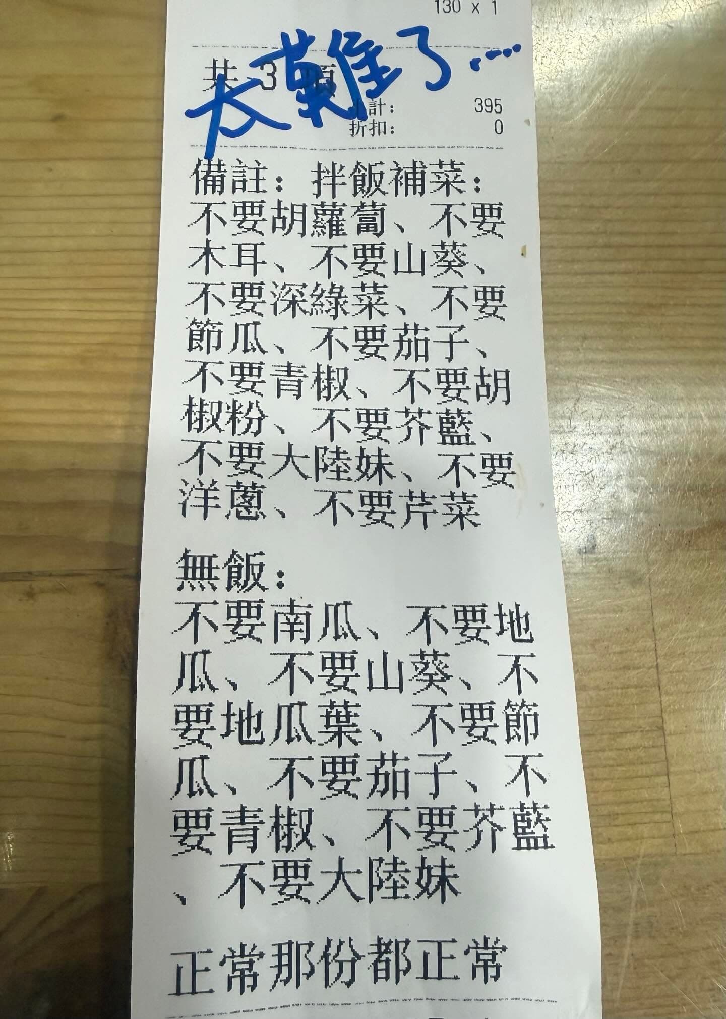 台南一家健康餐盒店家，日前收到一張備註寫滿「不要」的訂單，老闆發文自嘲「客製到懷疑人生」。（業者授權提供）
