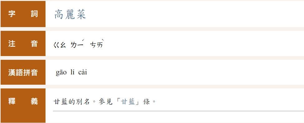 高「麗」菜的正確注音，於民國88年就改成「ㄌㄧˊ」了。（翻攝，教育部重編國語辭典修訂本）