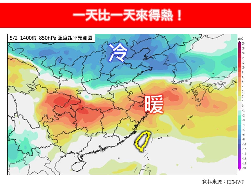 林德恩指出，未來一週氣溫趨勢是一天比一天來得熱，外出籲請預先做好防曬、並多補充水分。（翻攝自臉書@林老師氣象站）