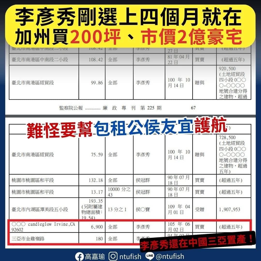 高嘉瑜質疑李彥秀「豪宅」一事。(翻攝自臉書@高嘉瑜)