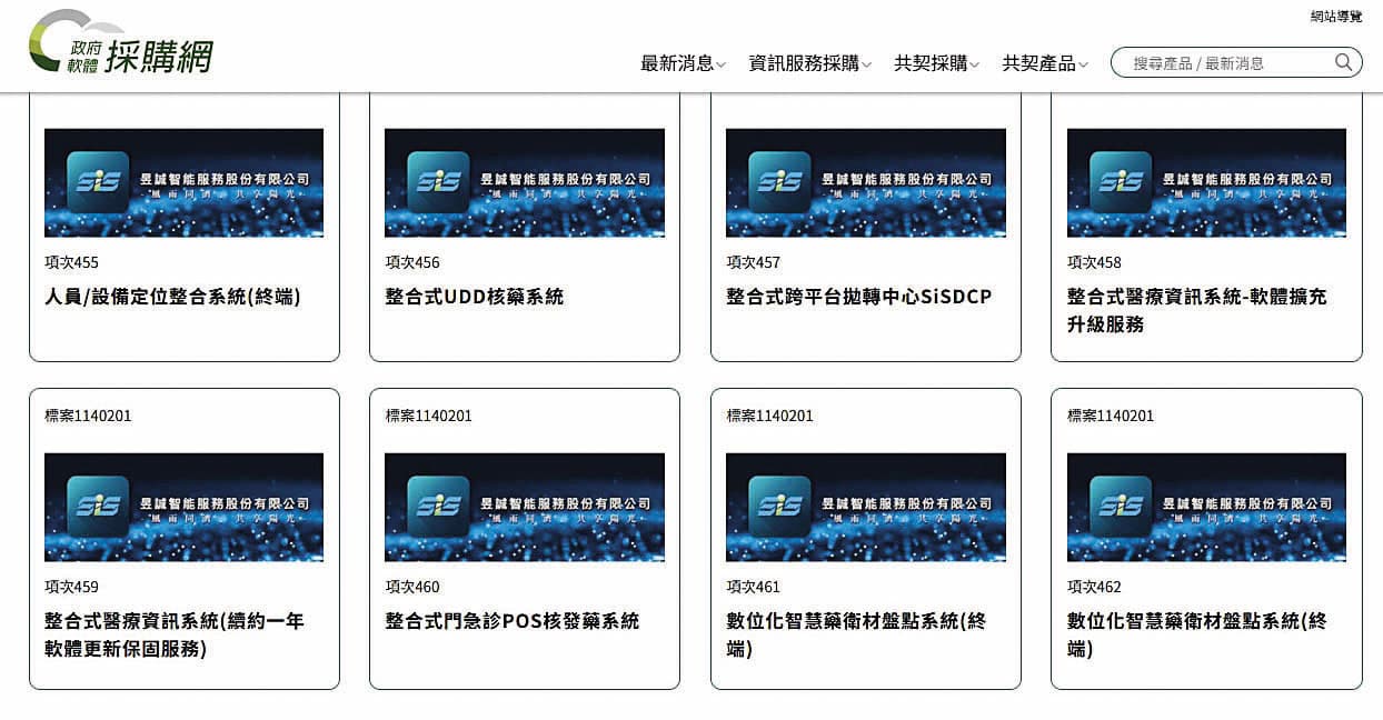 昱誠取得標案後，利用供契模式在政府採購網上列出數十項附加產品，提供準備上線的醫院進行後續採購。（翻攝政府採購網）