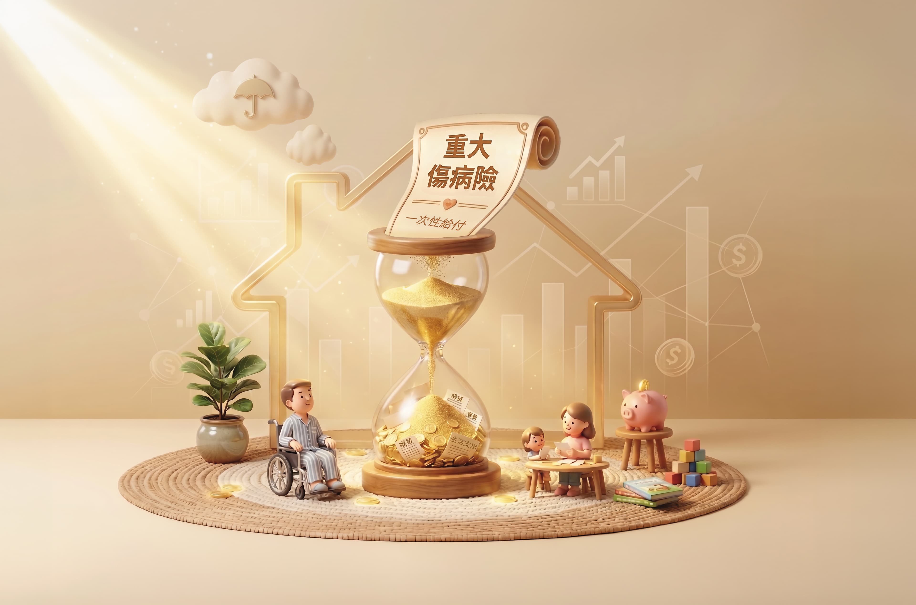 保險應「保大不保小」，著重能一次給付大筆金額的重傷險，可支撐家庭度過艱難時刻。（AI繪圖magnific生成，本刊美術組後製）