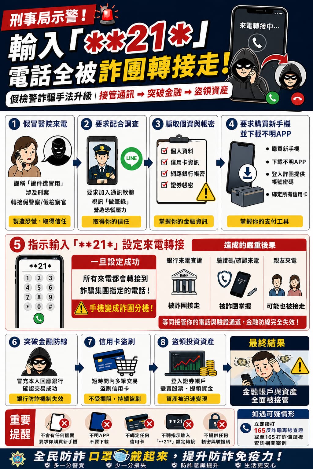 刑事局分析「**21」設定來電轉接新型態詐騙手法，呼籲民眾提高警覺。（刑事局提供）