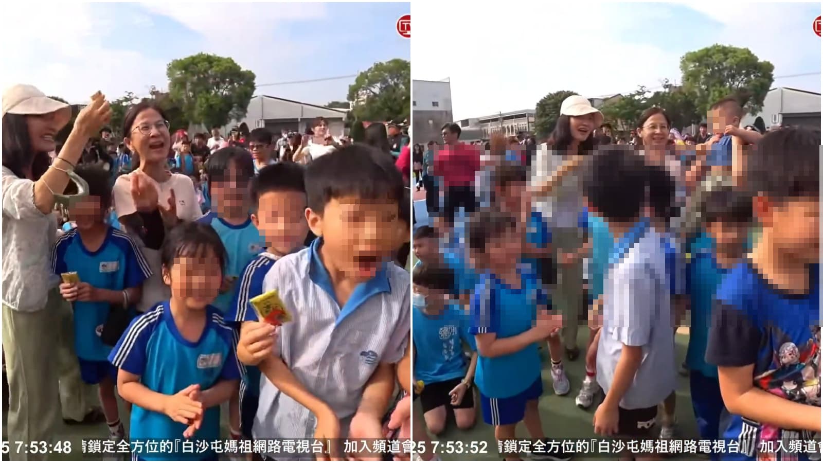 孩子直接傻眼，還回頭看她。（翻攝白沙屯媽祖網路電視台直播）