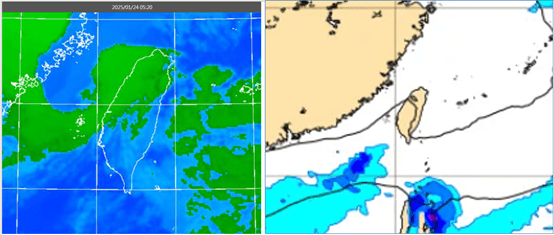 左圖今晨5時20分紅外線色調強化雲圖顯示，台灣上空仍有鬆散的中低層雲。右圖29日8時地面氣壓及降水圖模擬圖顯示，高壓籠罩、各地晴朗。（翻攝自氣象應用推廣基金會）