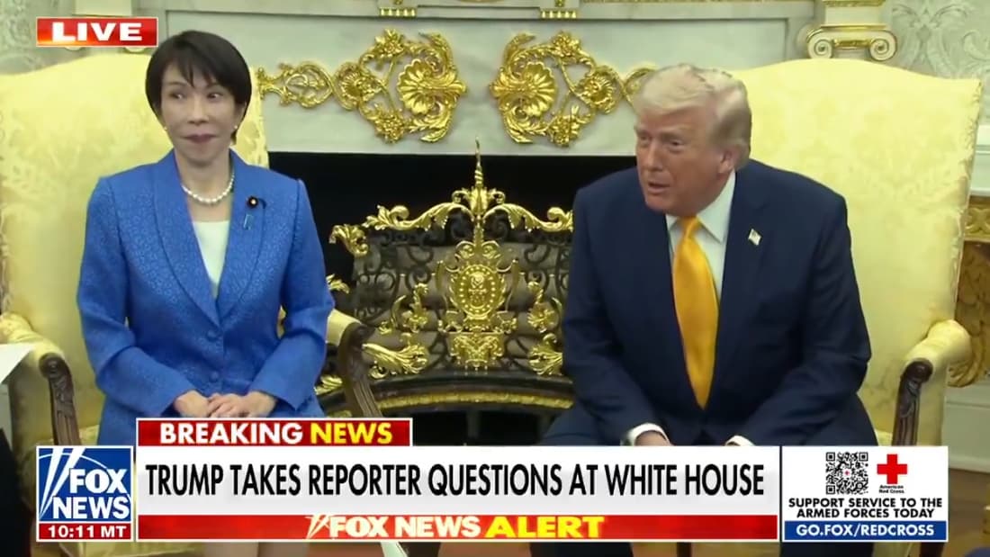 高市早苗聽了川普的發言後忍不住深吸了一口氣。（翻攝自FOX NEWS）
